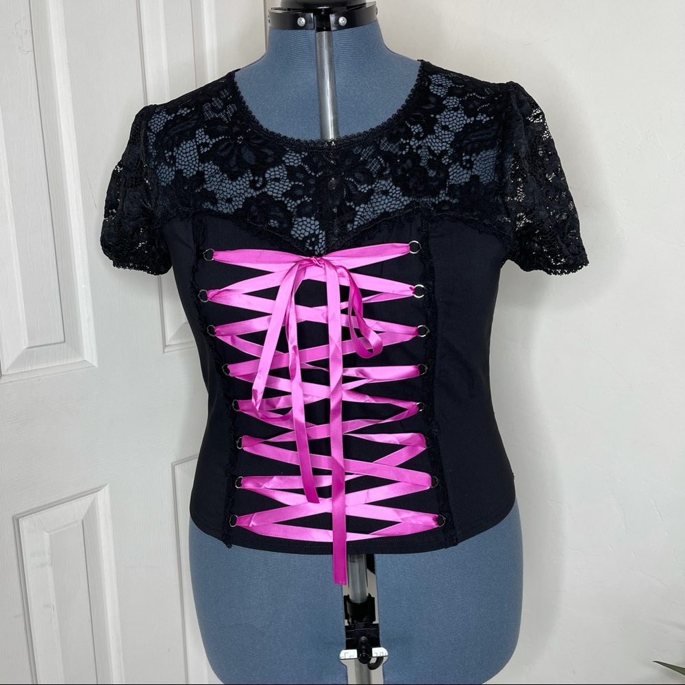 Dolls Kill Black/Pink Stretch Lace-Up Bustier Crop